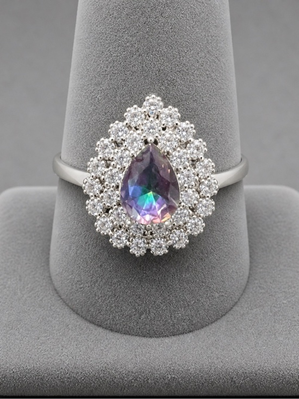 Mystic Topaz Faceted CZ Double Halo Teardrop Ring 925 Sterling 7.75 #605